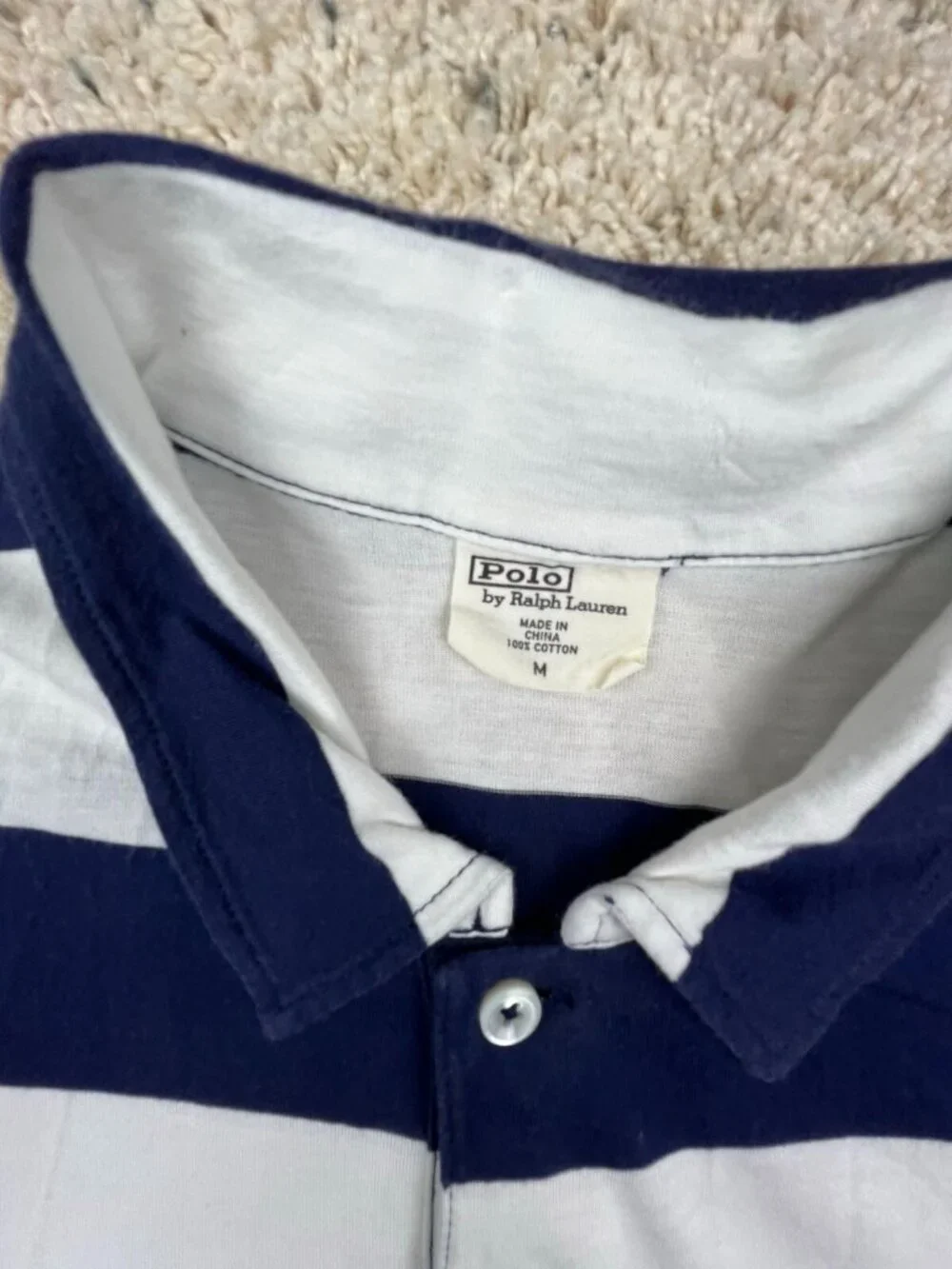 Polo Ralph Lauren Polo Shirt THIN LIGHTWEIGHT LONG White Blue Striped Medium